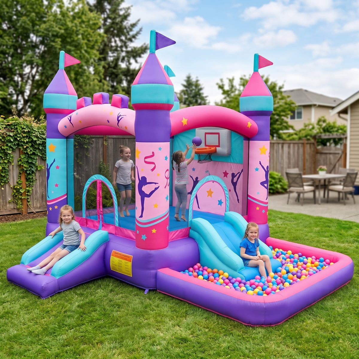 Play Bounce House Jumping Playhouse area with Slide and Ball Pit Gymnastics Castle Theme