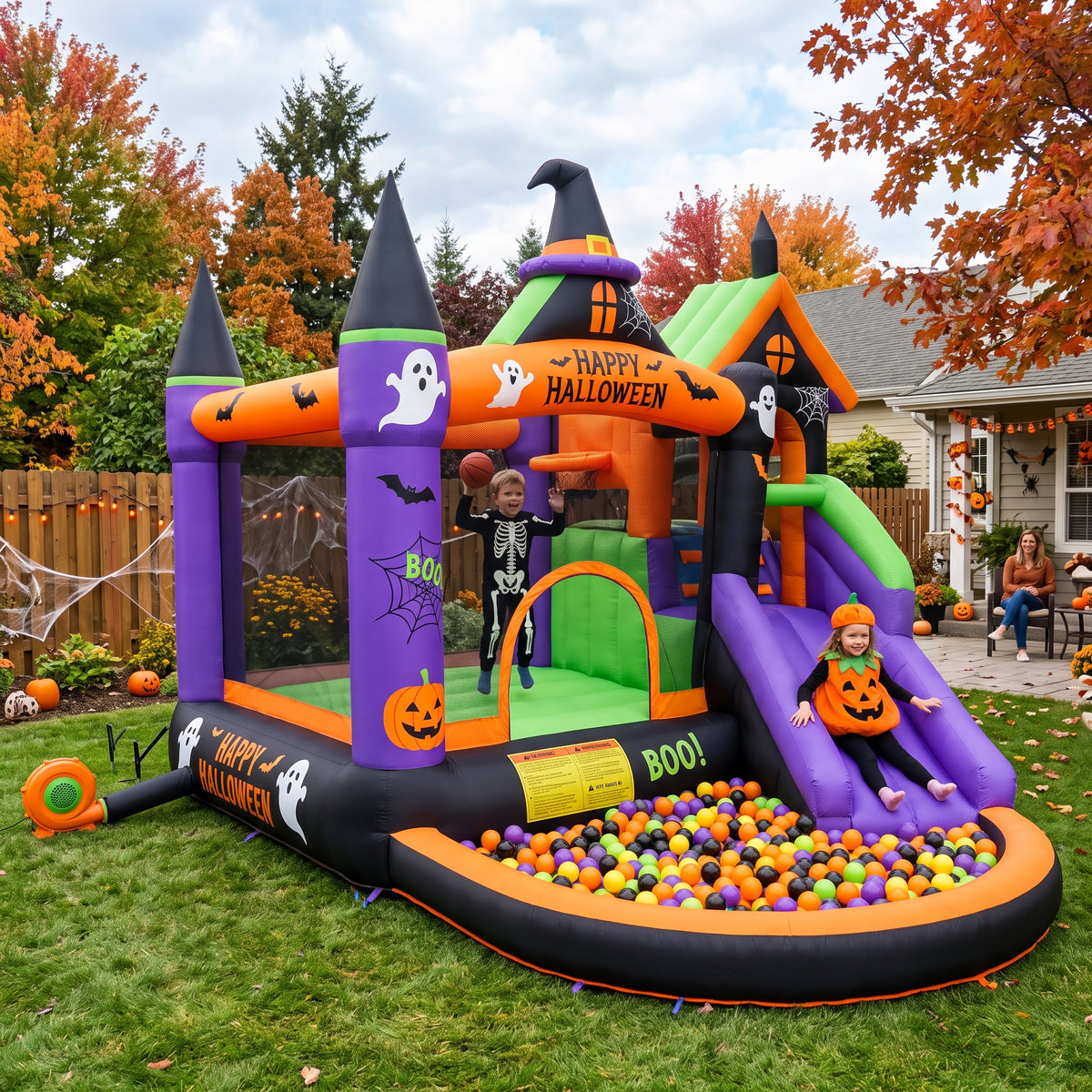 Play Bounce House Jumping Playhouse area with Slide and Ball Pit Halloween Haunted House Theme
