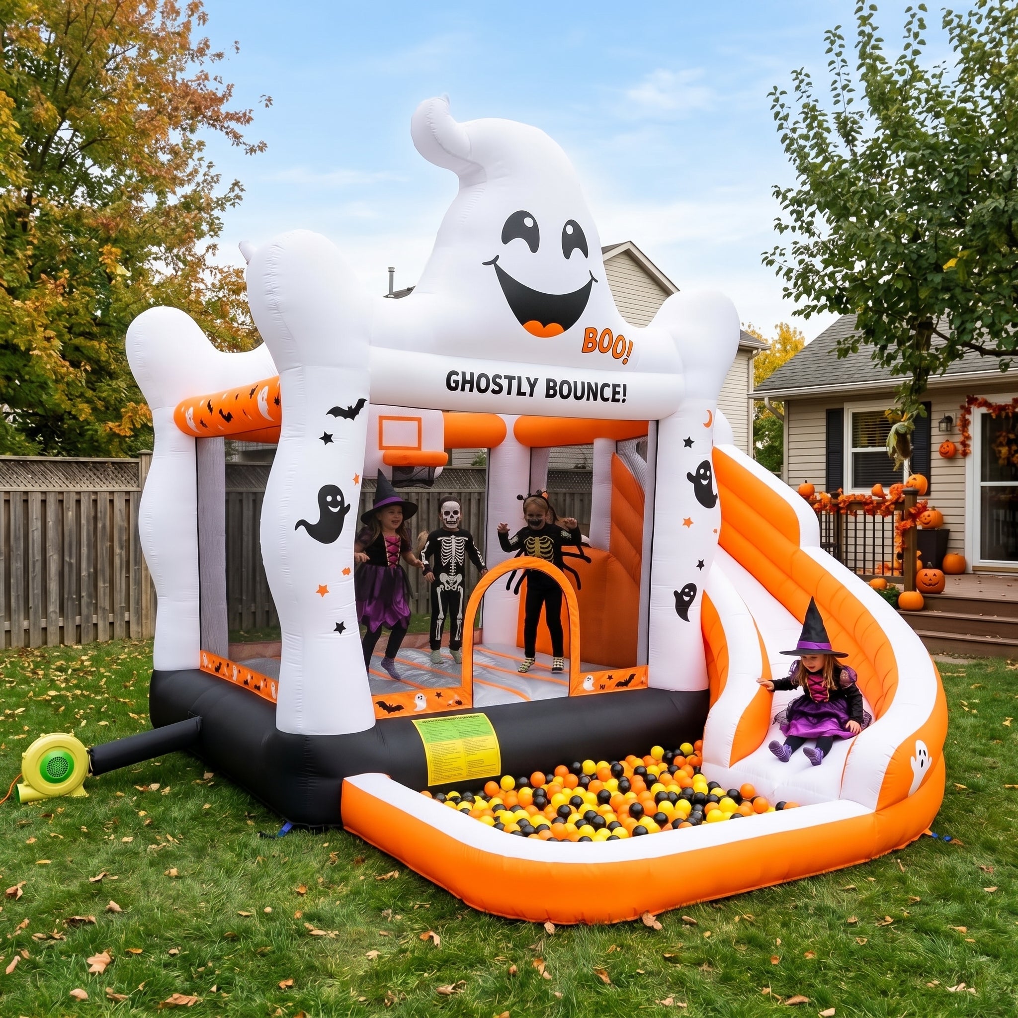 Play Bounce House Jumping Playhouse area with Slide and Ball Pit Halloween Ghost Theme