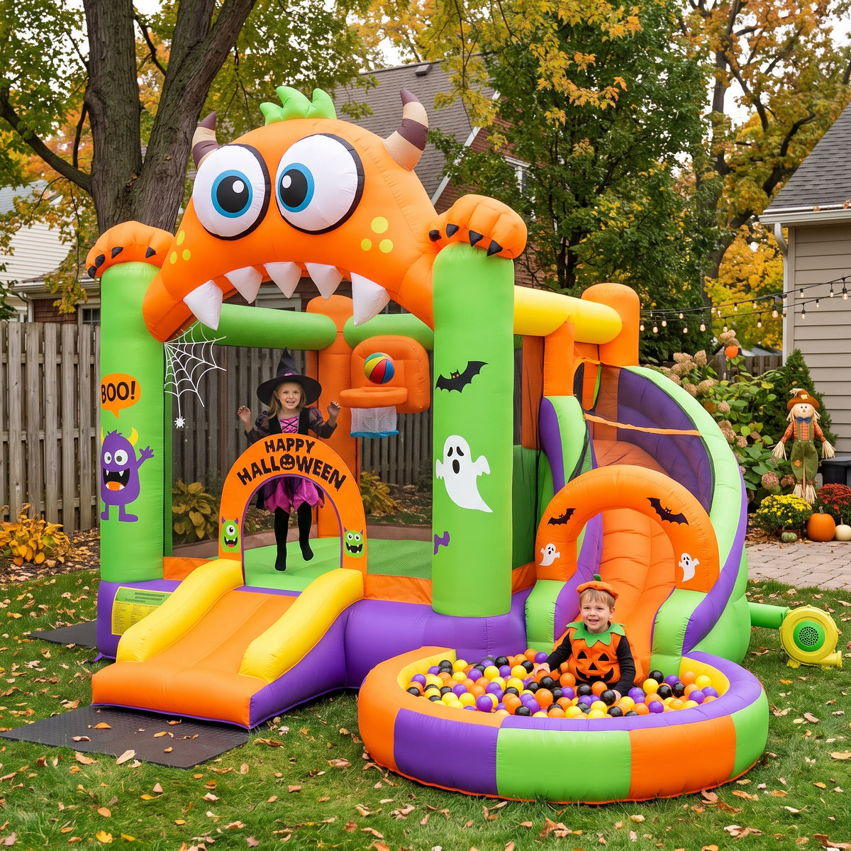 Play Bounce House Jumping Playhouse area with Slide and Ball Pit Halloween Monster Theme