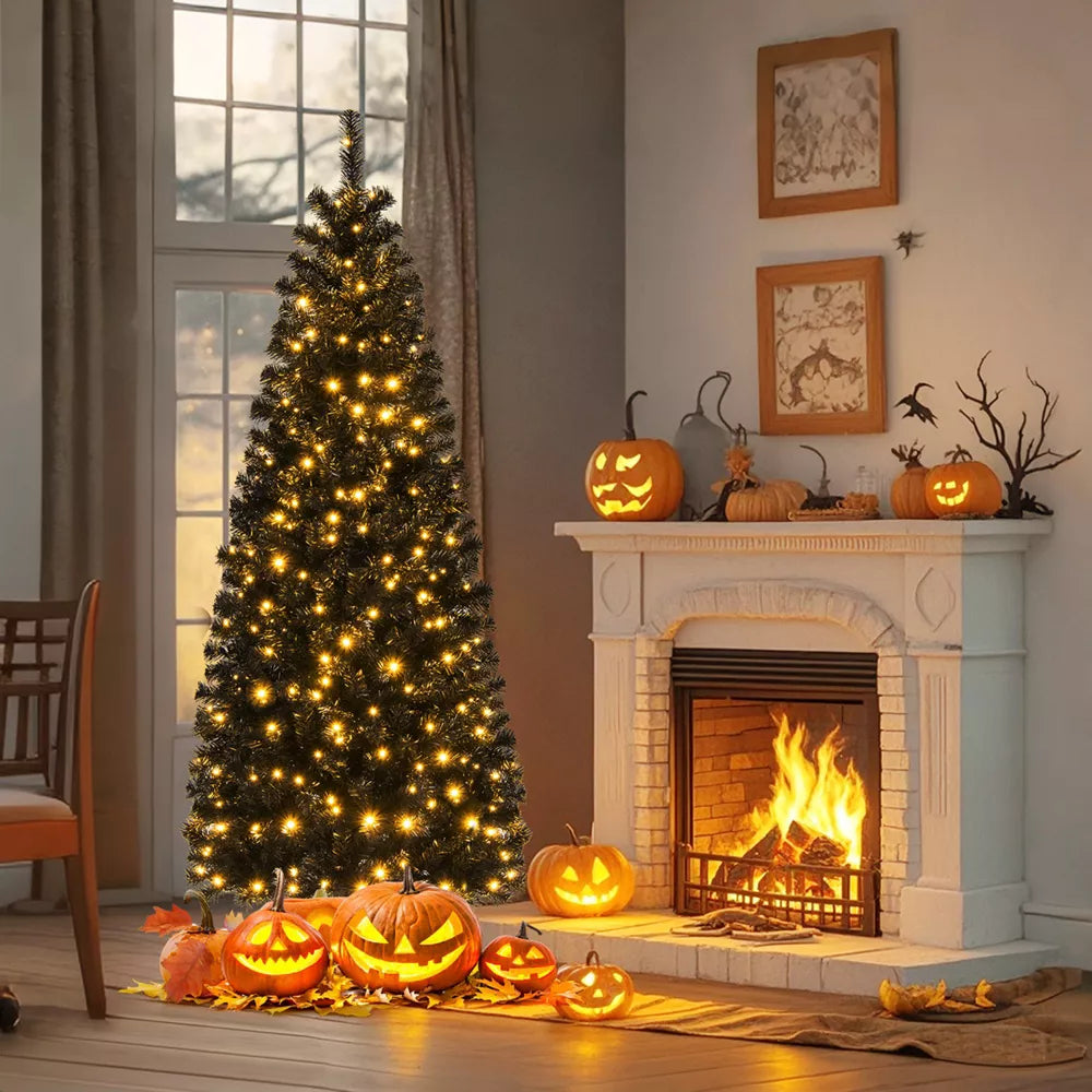 6' Black Artificial Pre-Lit Halloween Tree with Stand Halloween Home Decor Accent Yard Prop