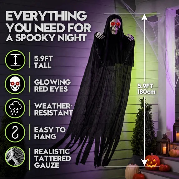 6' Hanging Skeleton Ghost Grim Reaper Glowing Eyes Halloween Home Decor Accent Yard Prop