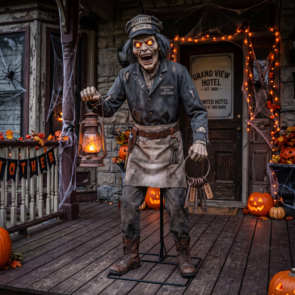 6' Animated Haunted Hotel Unhinged Caretaker Figure Music Lights Motion Sensor Halloween Home Decor Accent Yard Prop