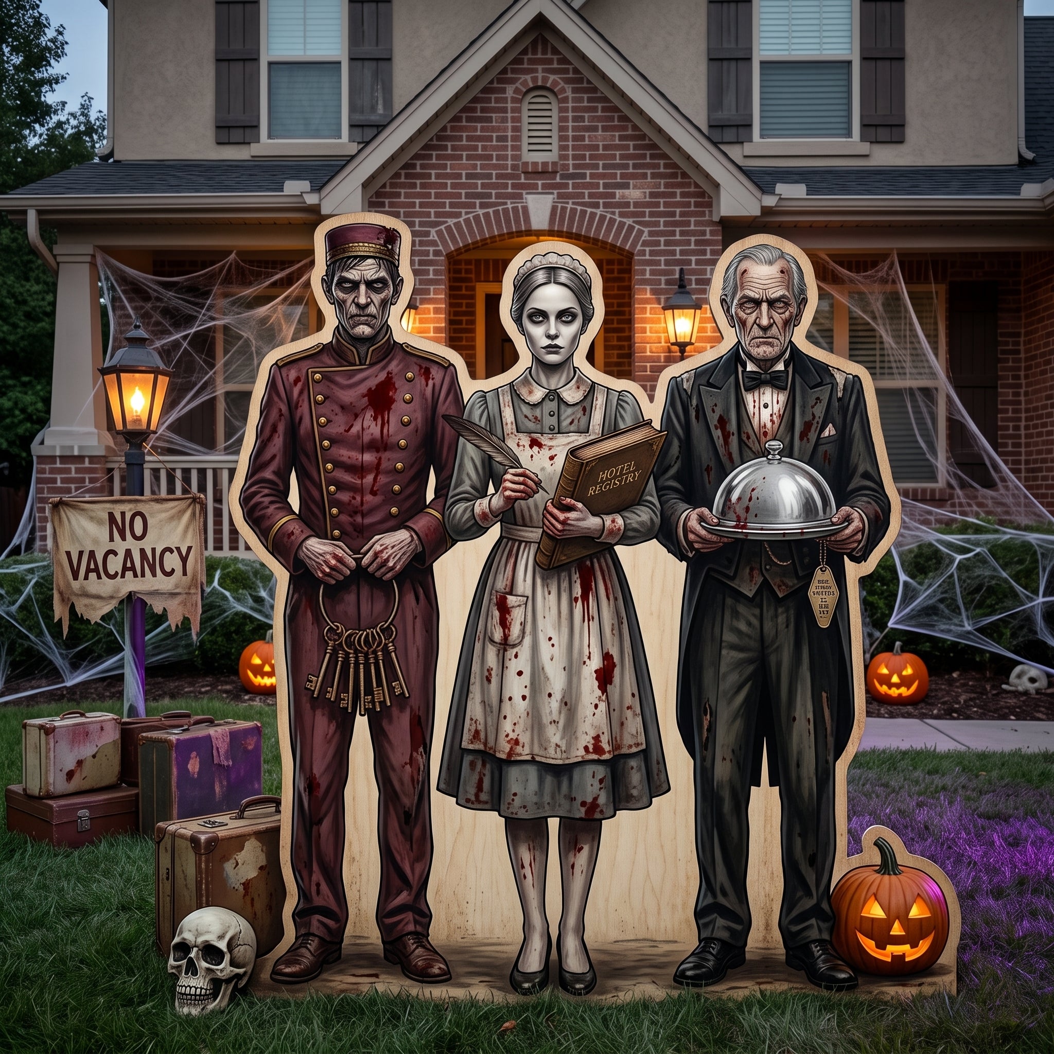 Life Size Haunted Hotel Characters Premium Freestanding Halloween Cutouts Yard Sign Decor Party Prop