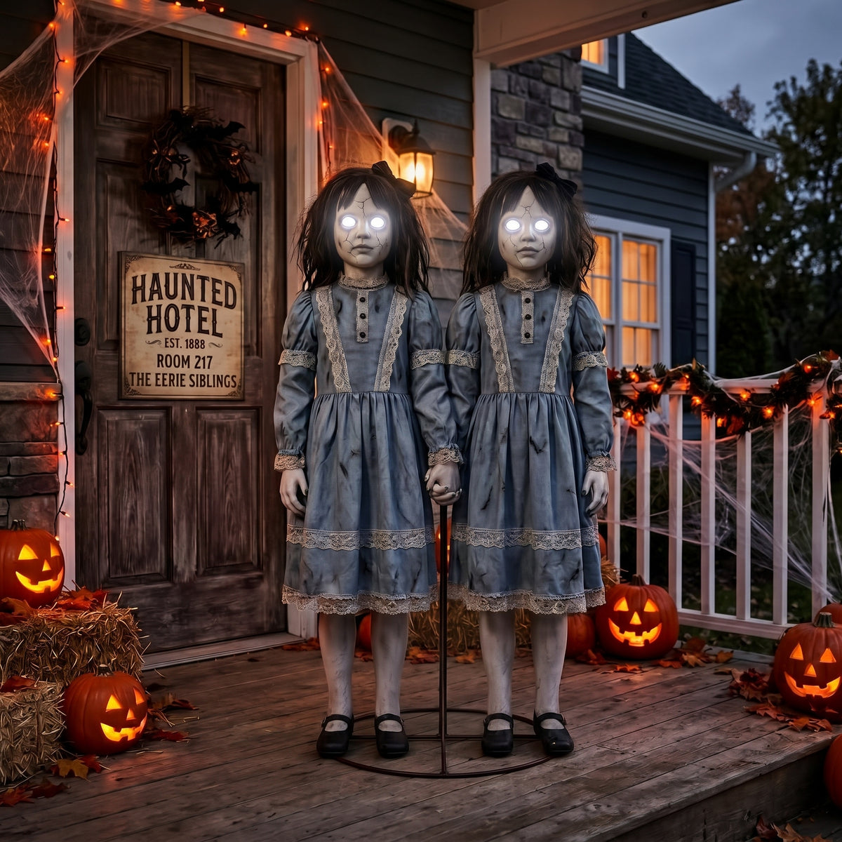 6' Animated Haunted Hotel The Eerie Twins Figure Music Lights Motion Sensor Halloween Home Decor Accent Yard Prop