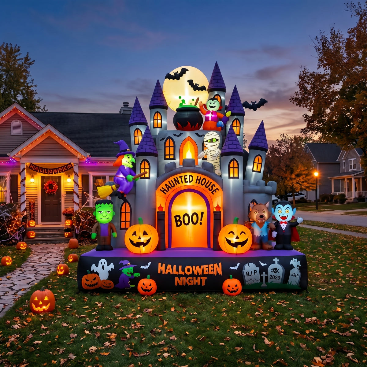 Massive 8-Foot-Tall Haunted House Colossal Multi-Tiered Halloween Yard Inflatable Scene Decor Prop