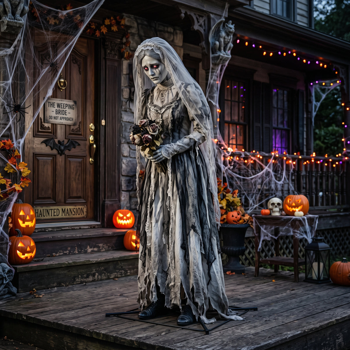6' Animated Victorian Haunted Mansion The Weeping Bride Figure Music Lights Motion Sensor Halloween Home Decor Accent Yard Prop