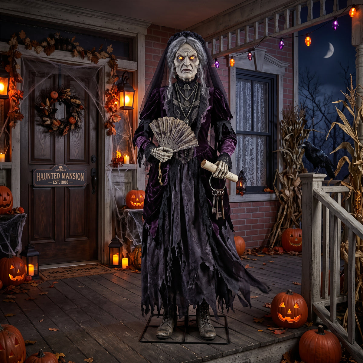6' Animated Victorian Haunted Mansion Vengeful Matriarch Old Lady Figure Music Lights Motion Sensor Halloween Home Decor Accent Yard Prop