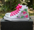 Custom Hawaiian Flowers High-Top Sneakers Shoes Personalized with Name, Ribbon Laces & Rhinestones Birthday Parties Everyday Gift