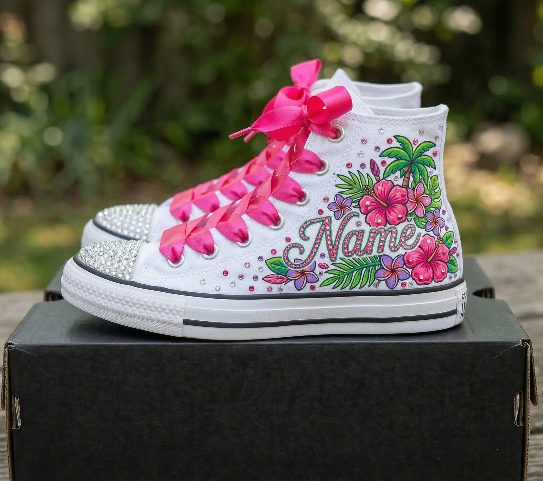 Custom Hawaiian Flowers High-Top Sneakers Shoes Personalized with Name, Ribbon Laces & Rhinestones Birthday Parties Everyday Gift