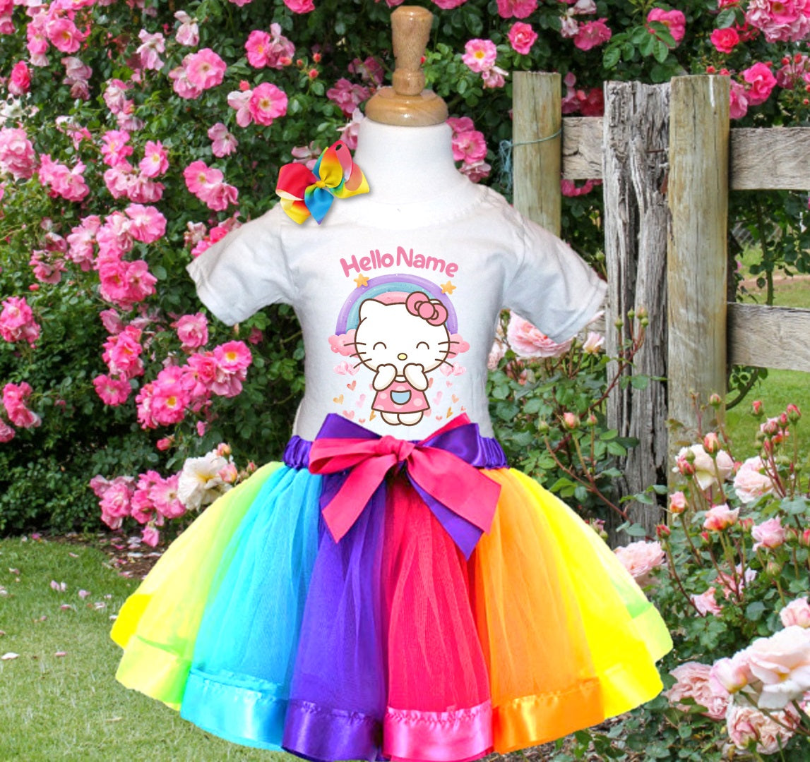 Hello Kitty Tutu Set Girls Personalized Custom Rainbow Ribbon Tutu Outfit Dress Theme Cake Smash Birthday Party