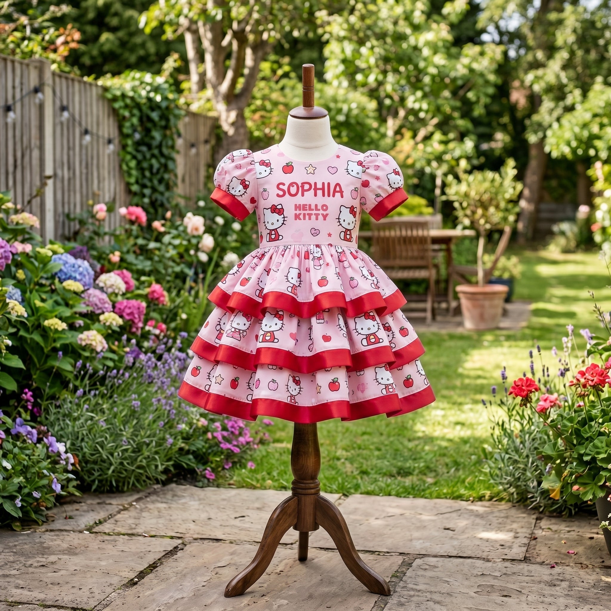 Hello Kitty Girls Personalized Custom Tiered Ruffle Dress Ribbon Trim Theme Cake Smash Birthday Party