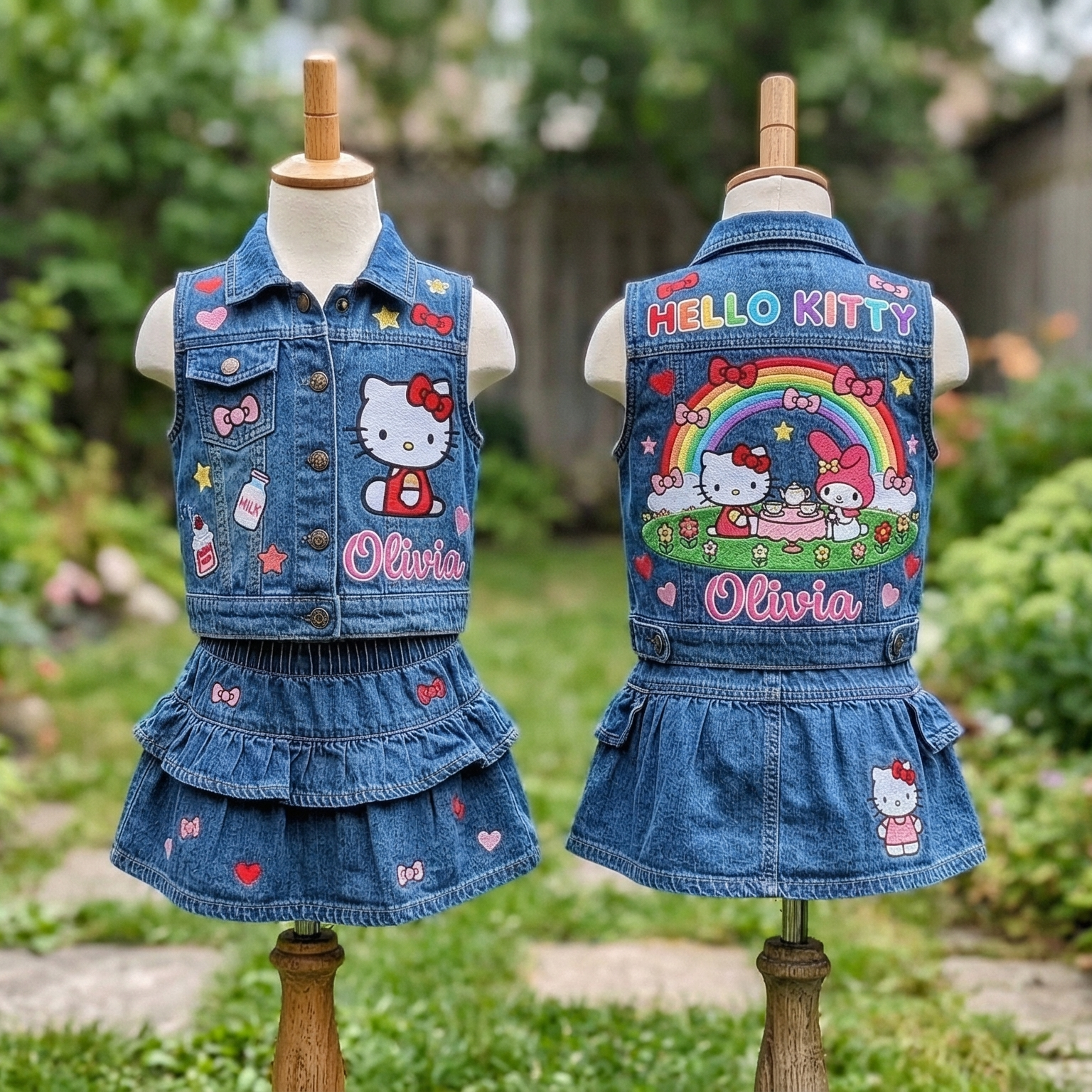 Personalized Custom Name Hello Kitty My Melody Denim Vest & Skirt Set Birthday Party Cake Smash Gift