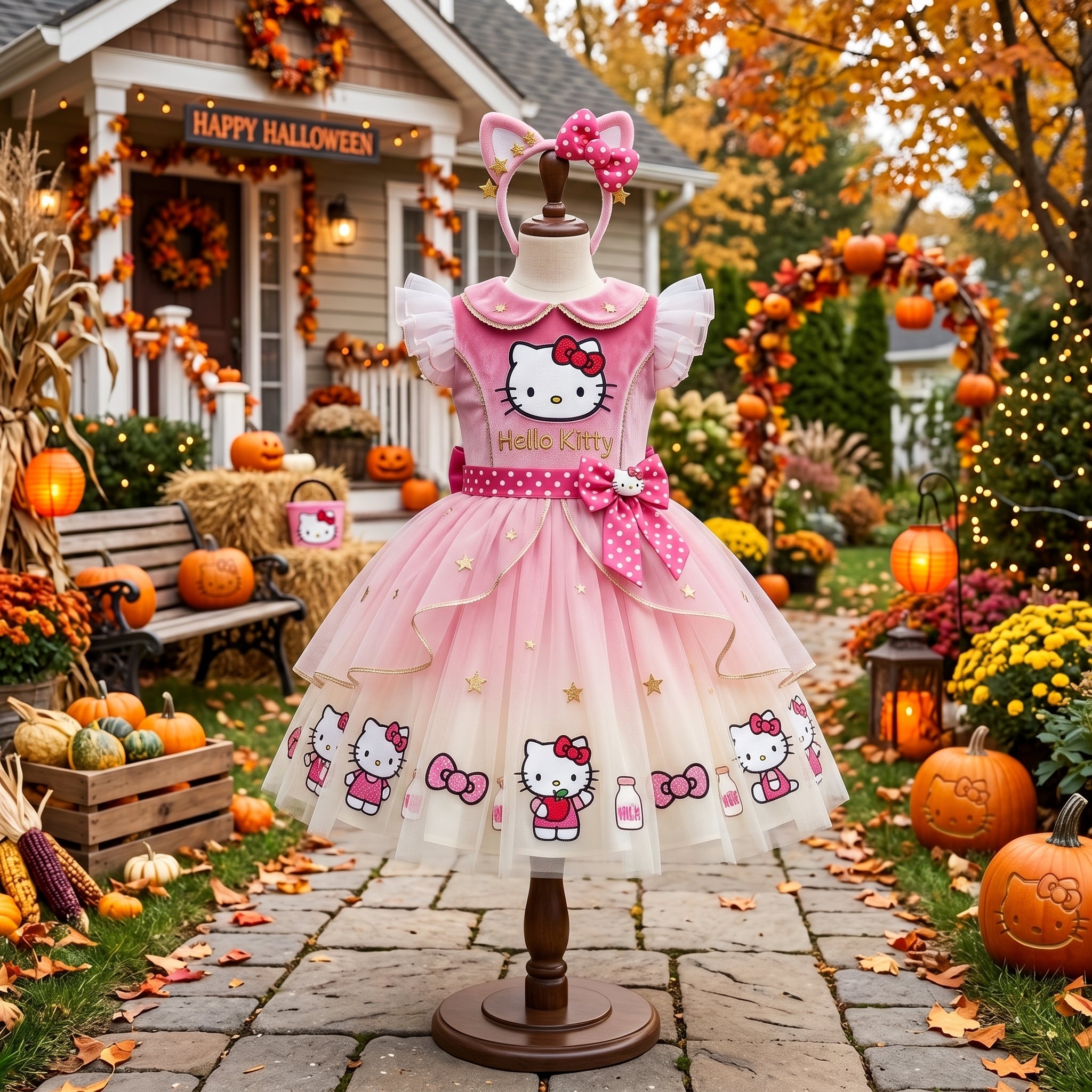 Hello Kitty Girls' Deluxe Sparkle Tutu Party Costume Dress Set with Matching Headband Halloween Birthday Pageant