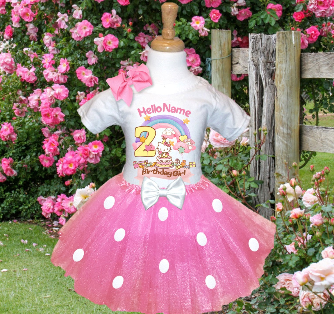 Hello Kitty & Friends Tutu Set Girls Personalized Custom Pink White Polka Dots Tutu Outfit Dress Theme Cake Smash Birthday Party