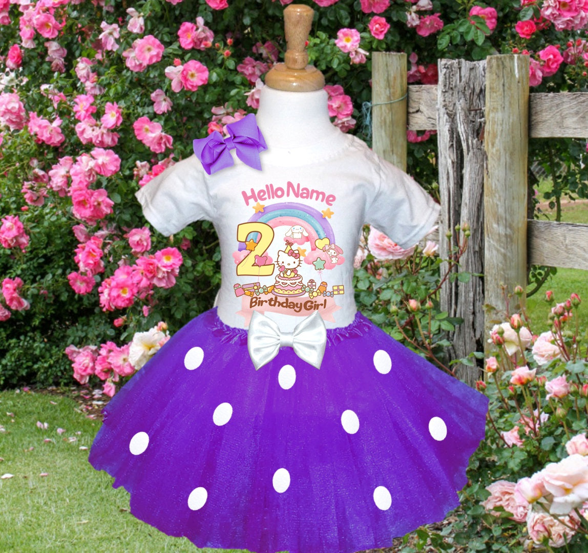 Hello Kitty & Friends Tutu Set Girls Personalized Custom Purple White Polka Dots Tutu Outfit Dress Theme Cake Smash Birthday Party