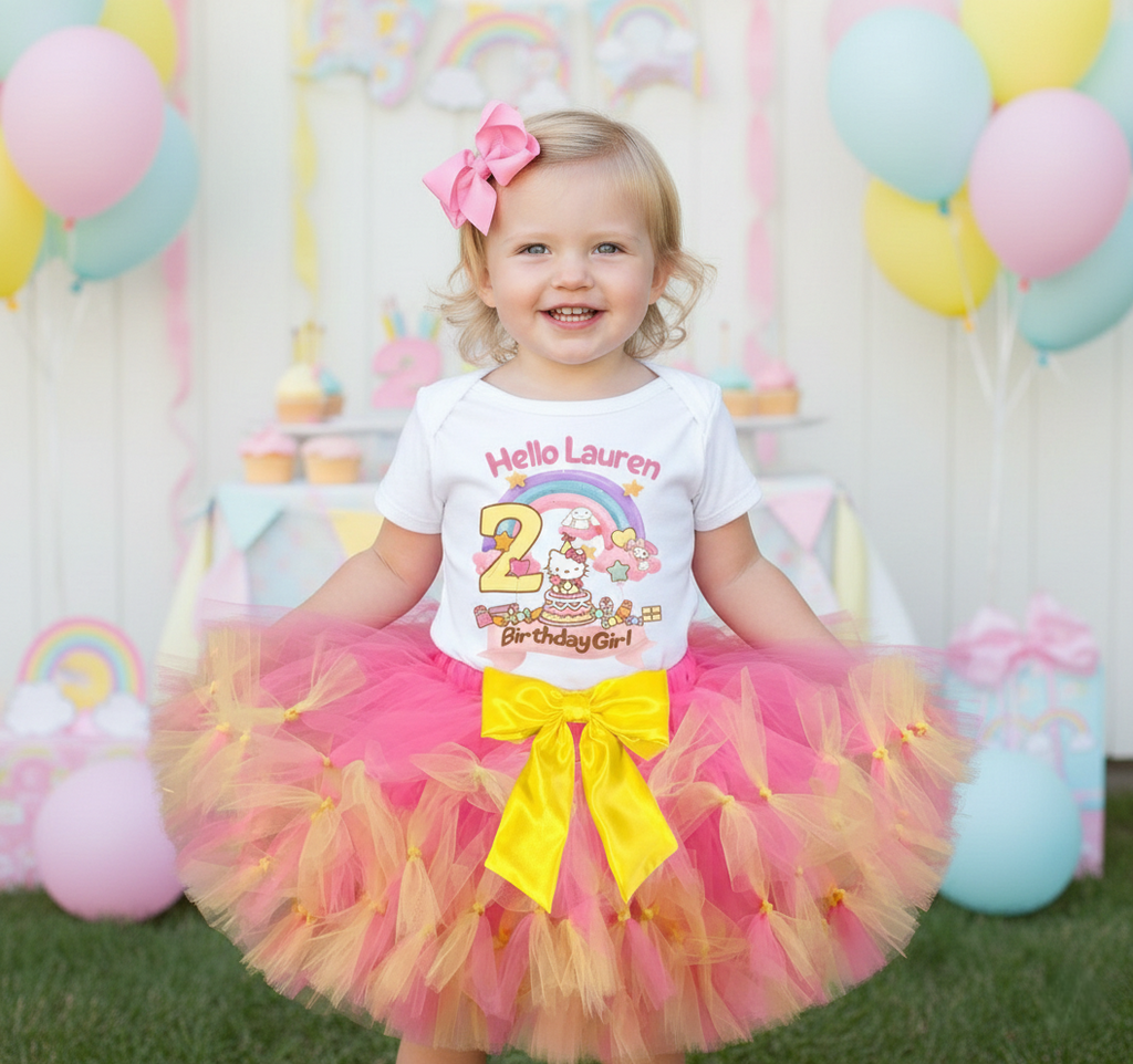Hello Kitty & Friends Tutu Set Girls Personalized Custom Hot Pink Yellow Knots Tutu Outfit Dress Theme Cake Smash Birthday Party