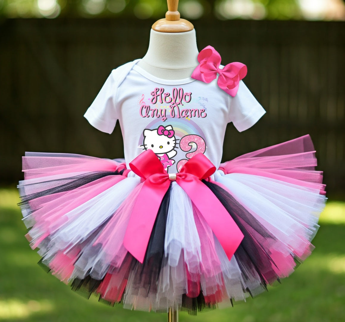 Hello Kitty Ballerina Ballet Tutu Set Girls Personalized Custom Hot Pink White Black Tutu Outfit Dress Theme Cake Smash Birthday Party