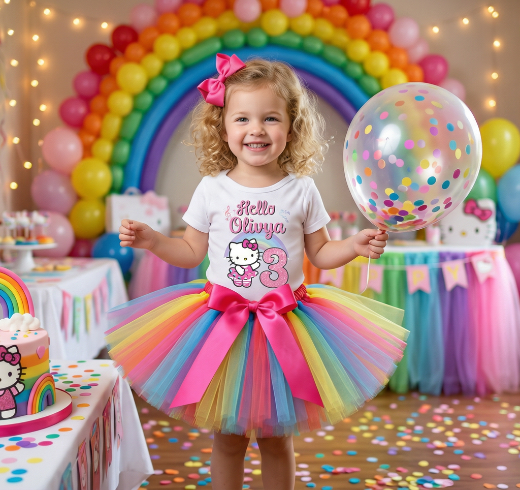 Hello Kitty Ballerina Ballet Tutu Set Girls Personalized Custom Rainbow Tutu Outfit Dress Theme Cake Smash Birthday Party