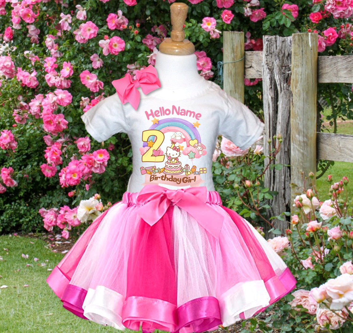 Hello Kitty & Friends Tutu Set Girls Personalized Custom Hot Pink White Pink Ribbon Tutu Outfit Dress Theme Cake Smash Birthday Party