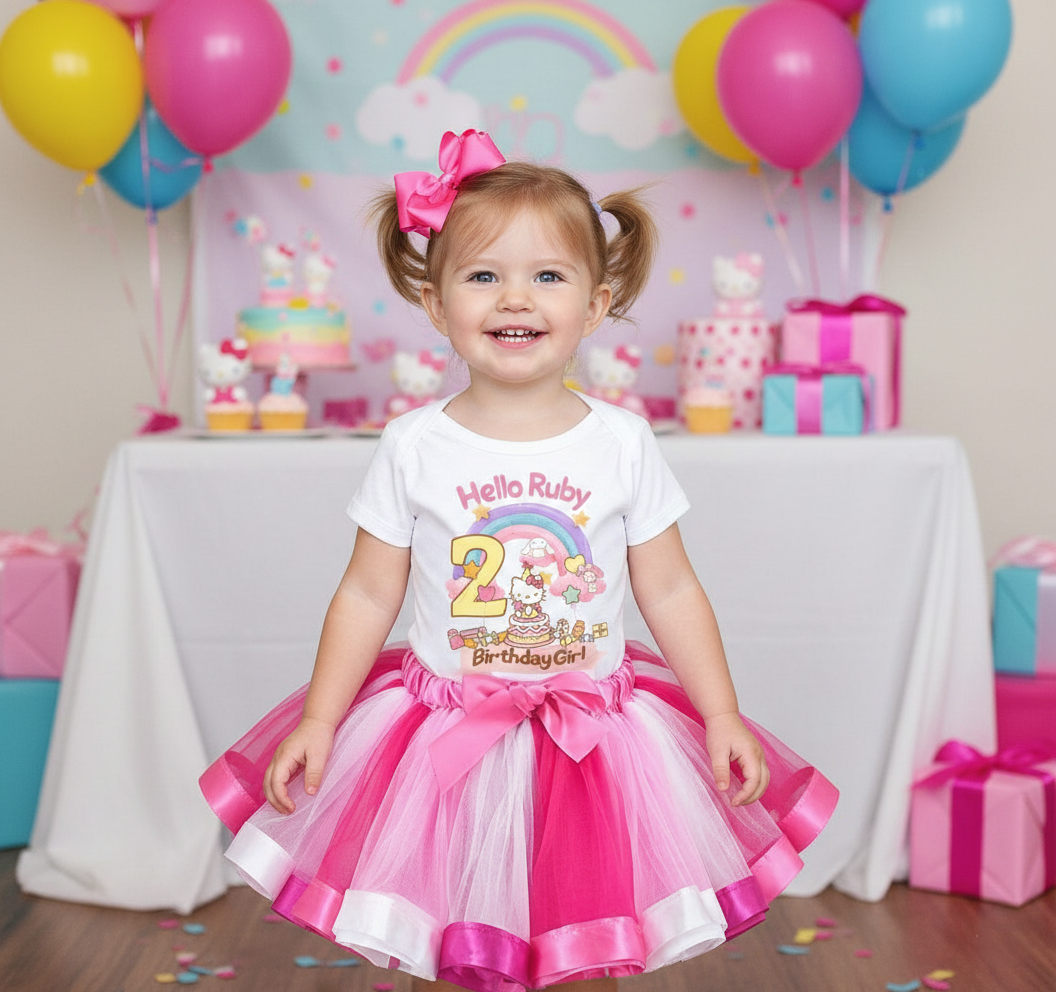 Hello Kitty & Friends Tutu Set Girls Personalized Custom Hot Pink White Pink Ribbon Tutu Outfit Dress Theme Cake Smash Birthday Party