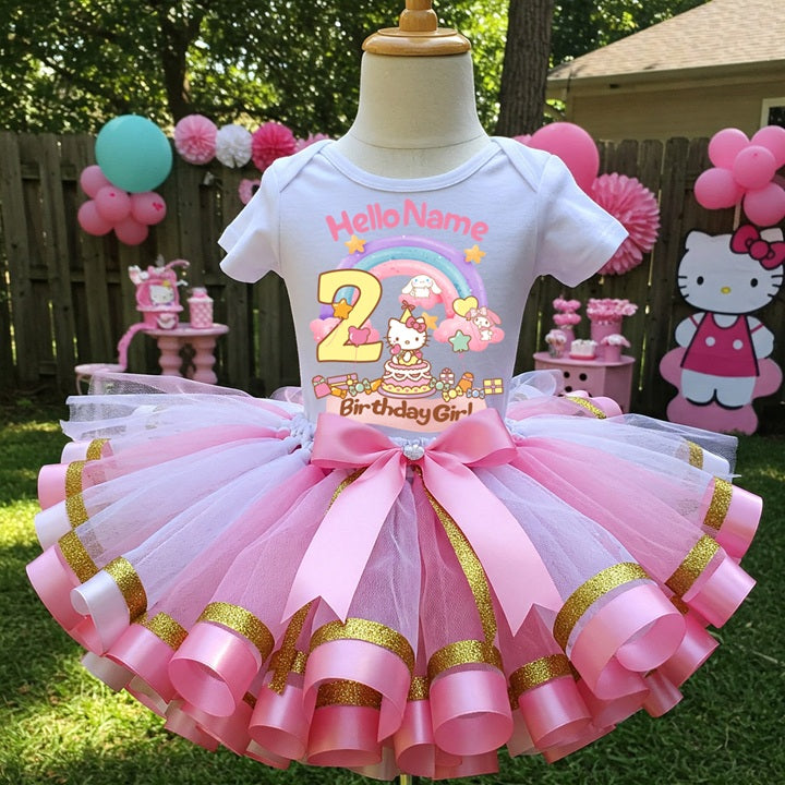 Hello Kitty & Friends Tutu Set Girls Personalized Custom Pink White Gold Ribbon Sewn Trim Tutu Outfit Dress Theme Cake Smash Birthday Party
