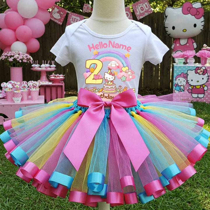 Hello Kitty & Friends Tutu Set Girls Personalized Custom Multicolor Ribbon Sewn Trim Tutu Outfit Dress Theme Cake Smash Birthday Party