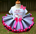 Hello Kitty Ballerina Ballet Tutu Set Girls Personalized Custom Hot Pink Black White Ribbon Sewn Trim Tutu Outfit Dress Theme Cake Smash Birthday Party