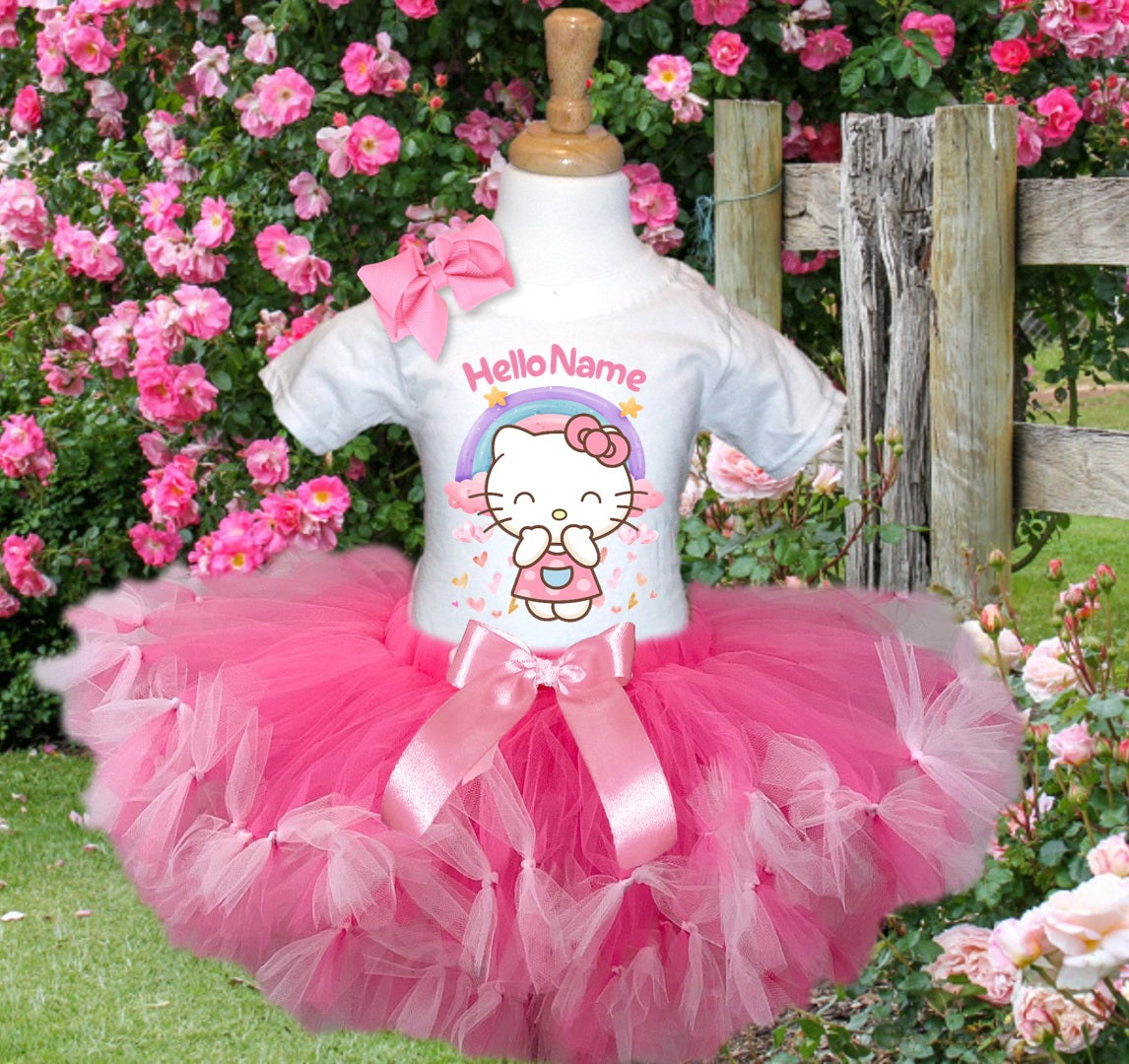 Hello Kitty Tutu Set Girls Personalized Custom Hot Pink Soft Pink Knots Tutu Outfit Dress Theme Cake Smash Birthday Party