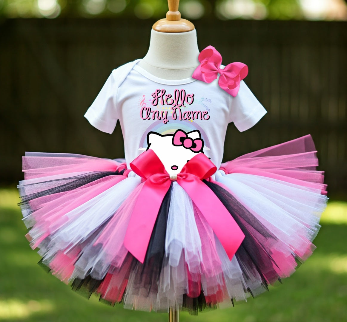 Hello Kitty Face Tutu Set Girls Personalized Custom Hot Pink White Black Tutu Outfit Dress Theme Cake Smash Birthday Party