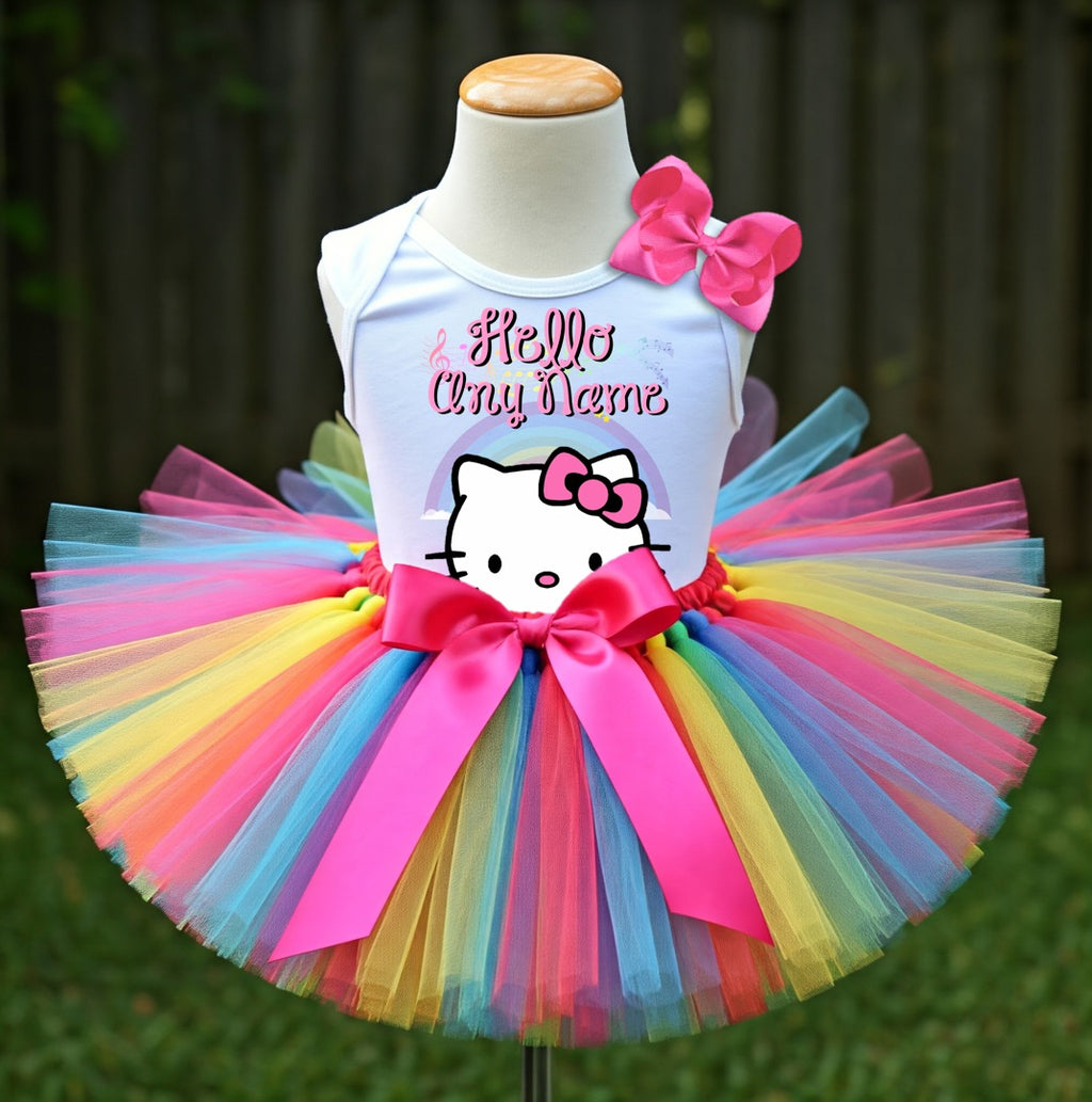 Hello Kitty Face Tutu Set Girls Personalized Custom Rainbow Tutu Outfit Dress Theme Cake Smash Birthday Party