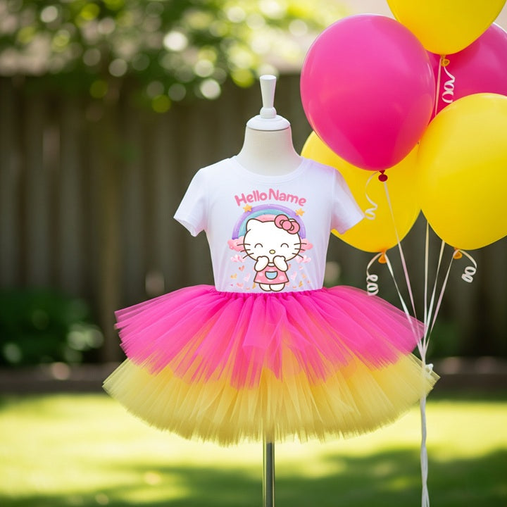 Hello Kitty Tutu Set Girls Personalized Custom Hot Pink Yellow Tutu Outfit Dress Theme Cake Smash Birthday Party