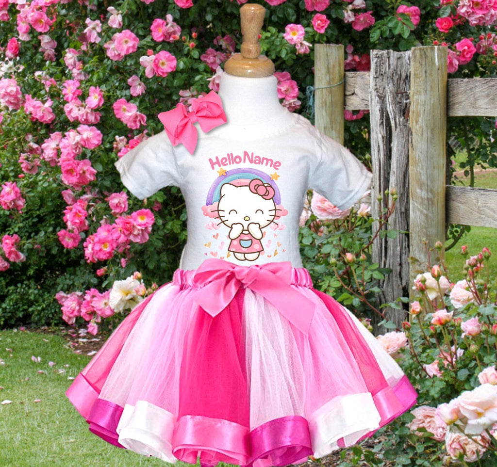 Hello Kitty Tutu Set Girls Personalized Custom Hot Pink White Pink Ribbon Tutu Outfit Dress Theme Cake Smash Birthday Party