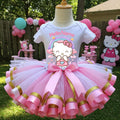 Hello Kitty Tutu Set Girls Personalized Custom Pink White Gold Ribbon Sewn Trim Tutu Outfit Dress Theme Cake Smash Birthday Party
