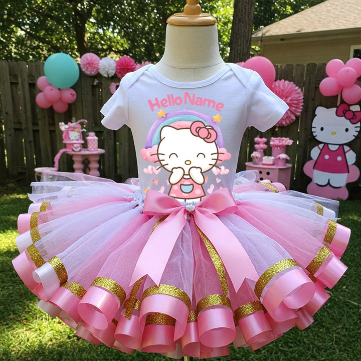 Hello Kitty Tutu Set Girls Personalized Custom Pink White Gold Ribbon Sewn Trim Tutu Outfit Dress Theme Cake Smash Birthday Party
