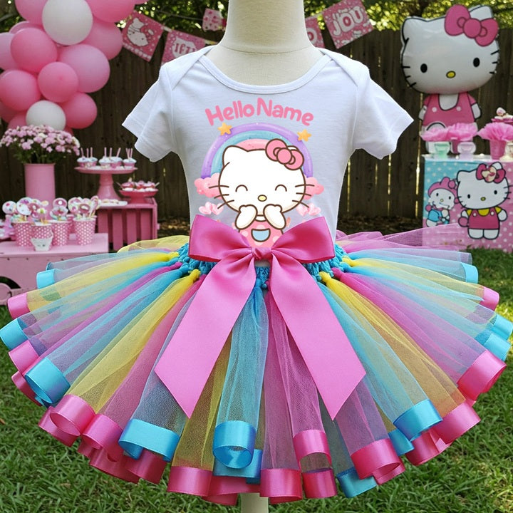 Hello Kitty Tutu Set Girls Personalized Custom Multicolor Ribbon Sewn Trim Tutu Outfit Dress Theme Cake Smash Birthday Party