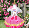 Hello Kitty Tutu Set Girls Personalized Custom Pink Gold Hot Pink Ribbon Trim Tutu Outfit Dress Theme Cake Smash Birthday Party