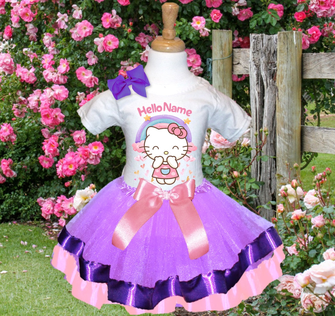 Hello Kitty Tutu Set Girls Personalized Custom Light Purple Pink Ribbon Trim Tutu Outfit Dress Theme Cake Smash Birthday Party