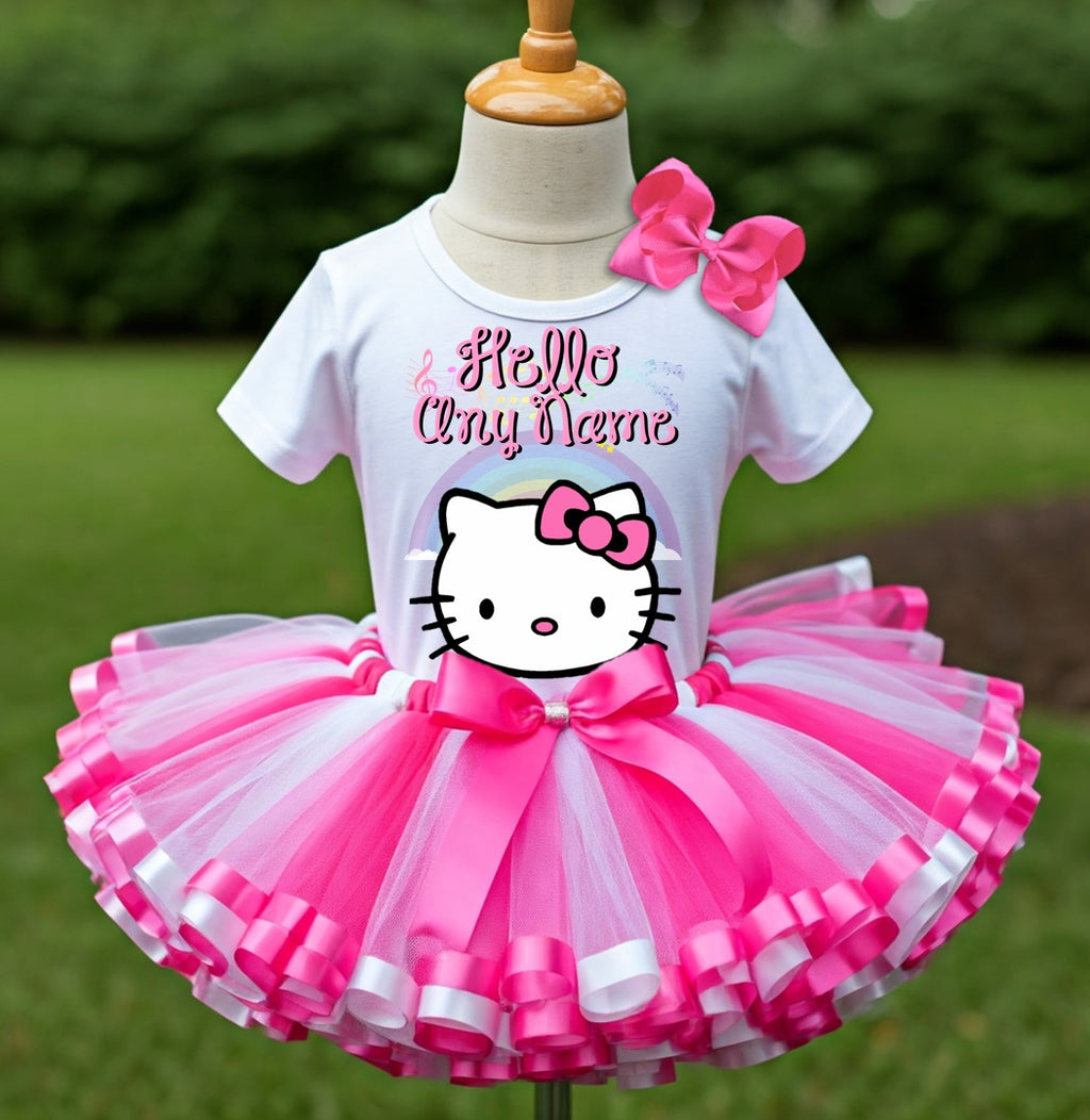 Hello Kitty Face Tutu Set Girls Personalized Custom Hot Pink White Pink Ribbon Sewn Trim Tutu Outfit Dress Theme Cake Smash Party