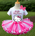 Hello Kitty Face Tutu Set Girls Personalized Custom Hot Pink White Pink Ribbon Sewn Trim Tutu Outfit Dress Theme Cake Smash Party