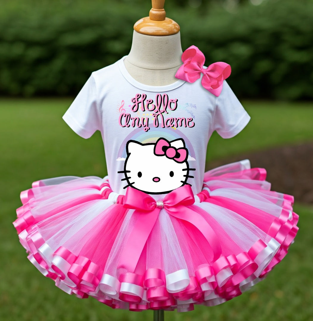 Hello Kitty Face Tutu Set Girls Personalized Custom Hot Pink White Pink Ribbon Sewn Trim Tutu Outfit Dress Theme Cake Smash Party