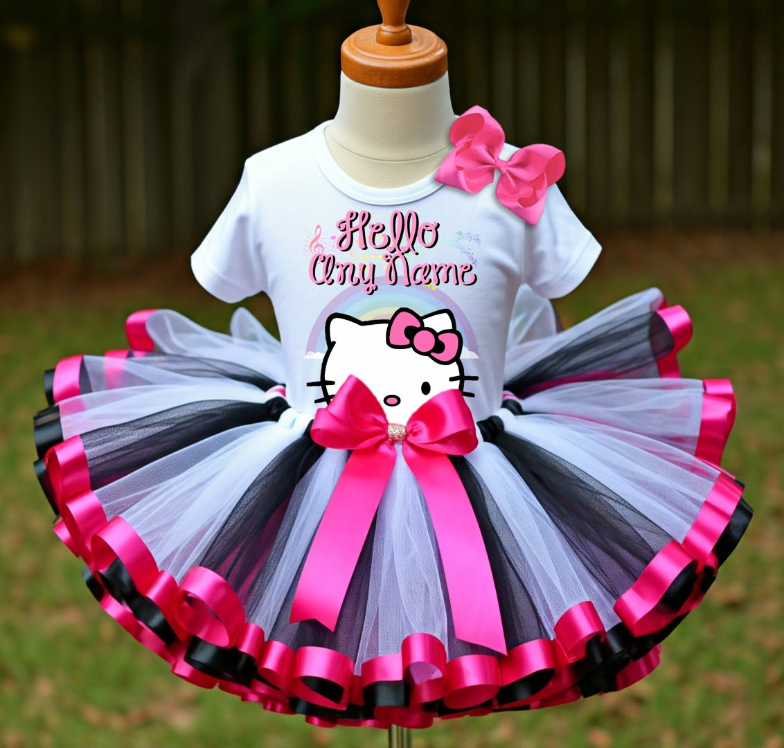 Hello Kitty Face Tutu Set Girls Personalized Custom Hot Pink White Black Ribbon Sewn Trim Tutu Outfit Dress Theme Cake Smash Party