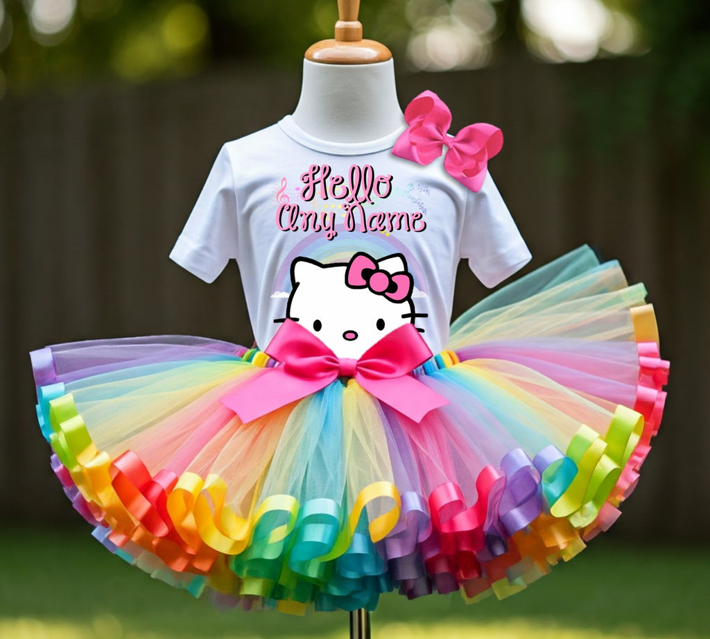 Hello Kitty Face Tutu Set Girls Personalized Custom Rainbow Ribbon Sewn Trim Tutu Outfit Dress Theme Cake Smash Party