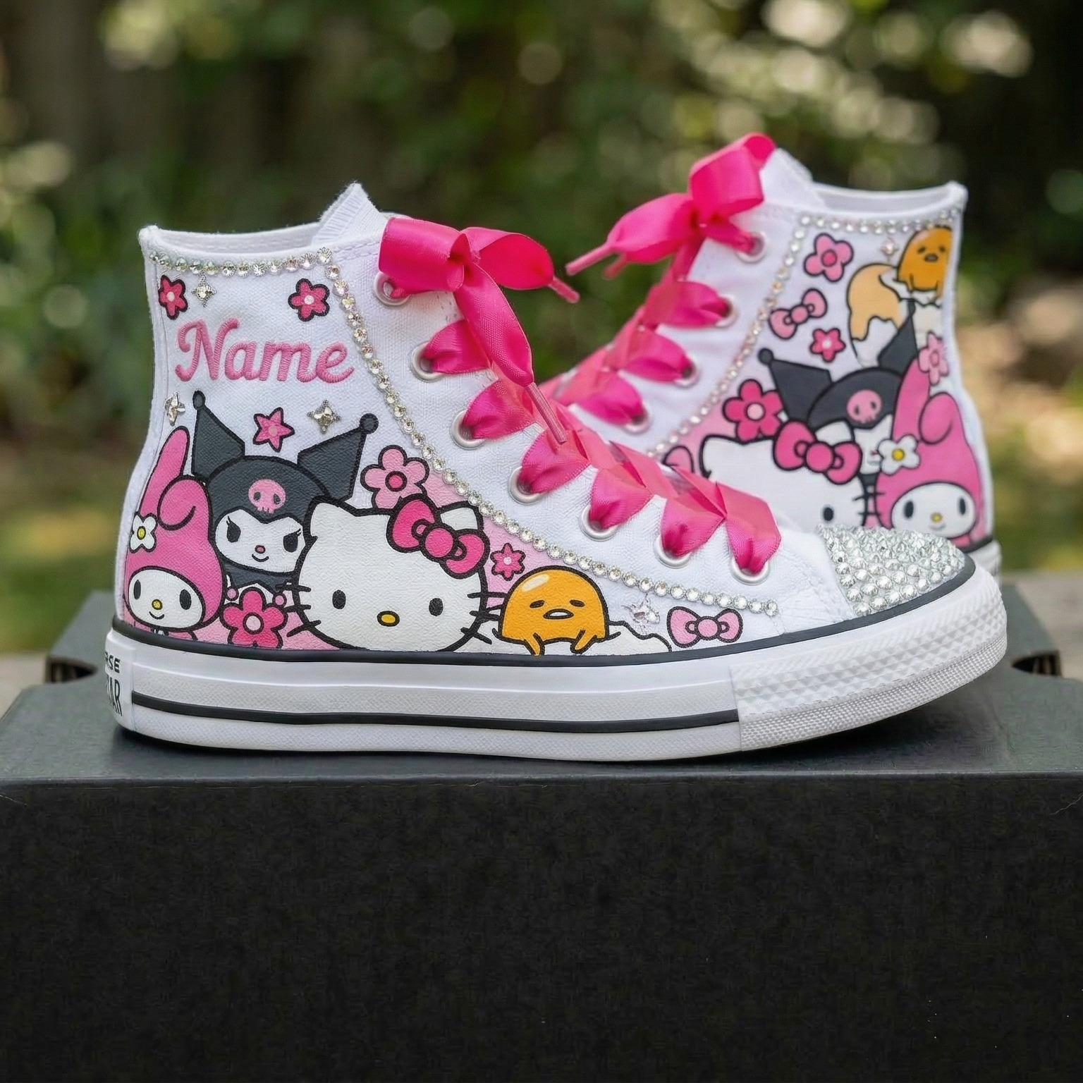 Custom Hello Kitty Friends High-Top Sneakers Shoes Personalized with Name, Ribbon Laces & Rhinestones Birthday Parties Everyday Gift