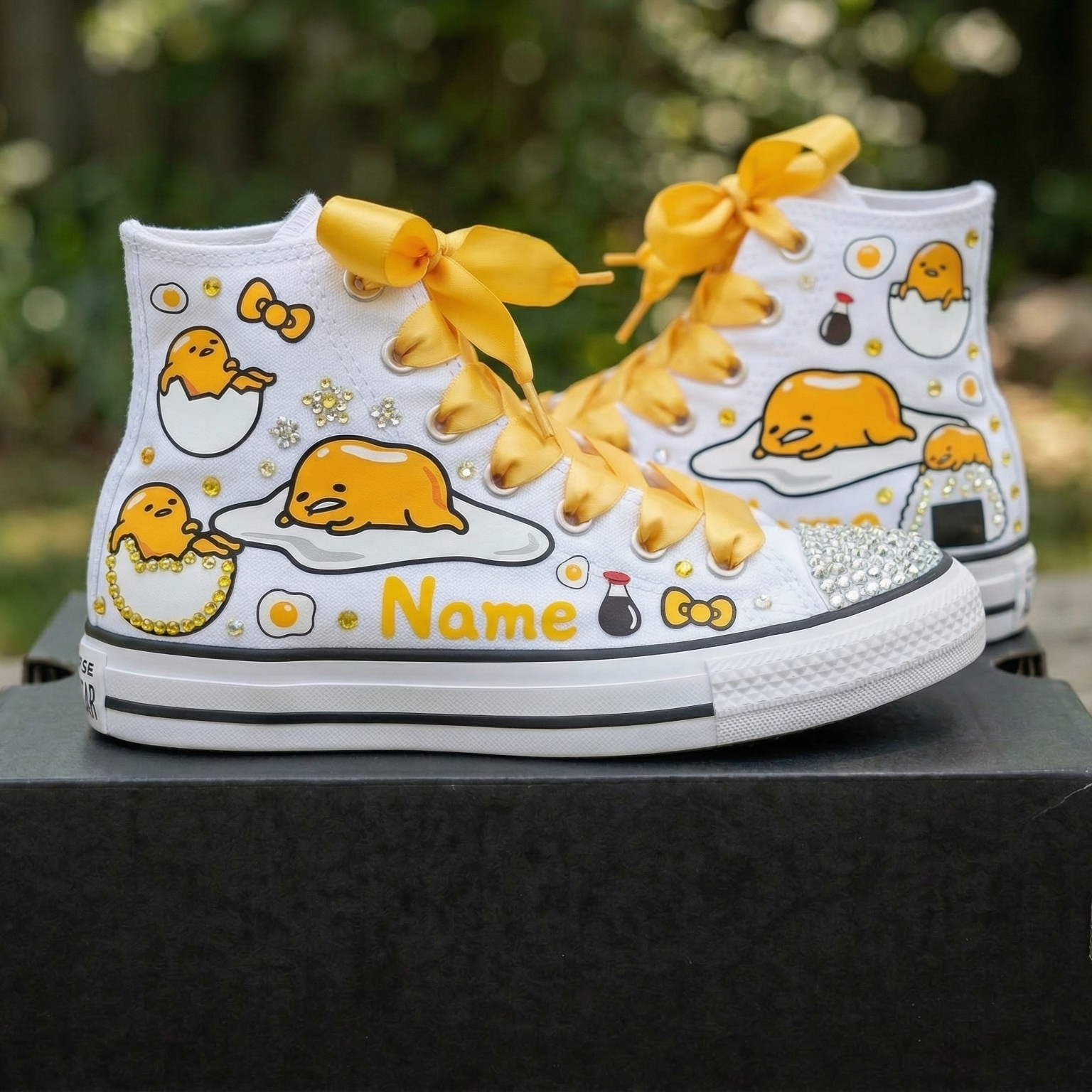 Custom Hello Kitty Gudetama High-Top Sneakers Shoes Personalized with Name, Ribbon Laces & Rhinestones Birthday Parties Everyday Gift
