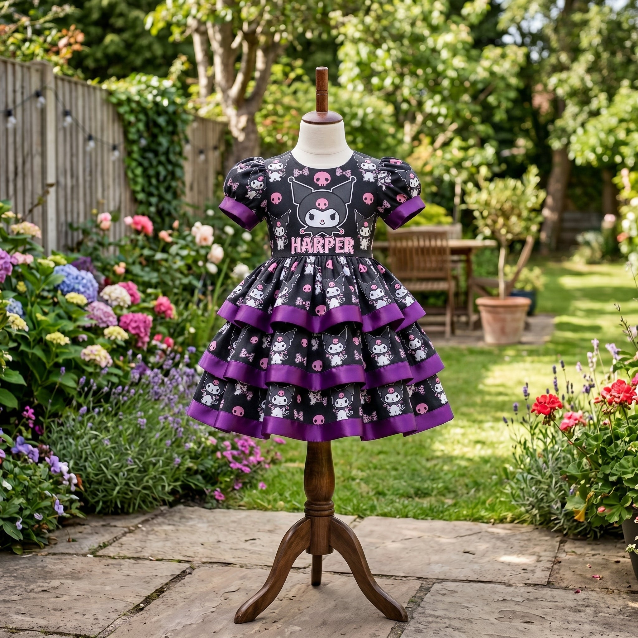 Hello Kitty Kuromi Girls Personalized Custom Tiered Ruffle Dress Ribbon Trim Theme Cake Smash Birthday Party