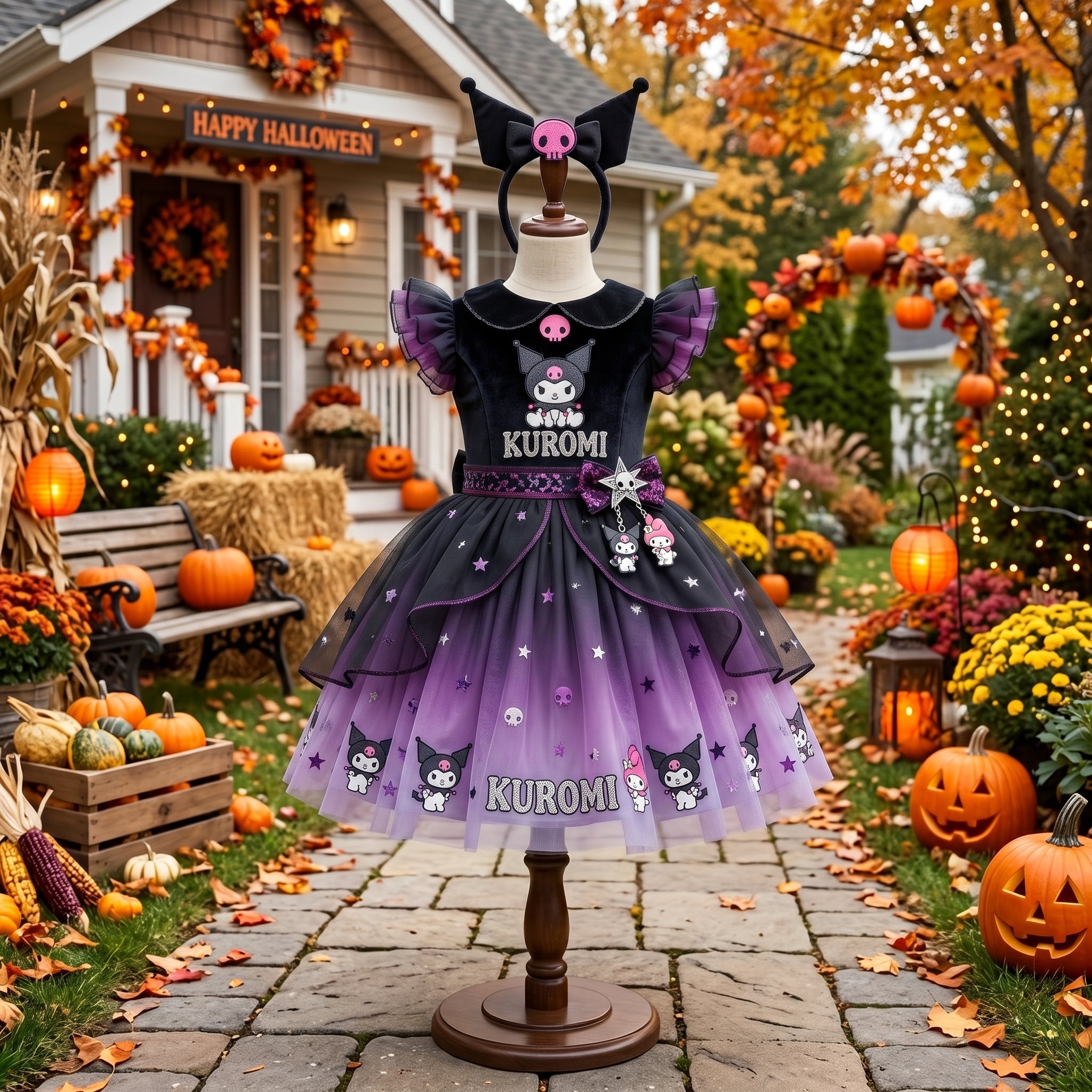Hello Kitty Kuromi Girls' Deluxe Sparkle Tutu Party Costume Dress Set with Matching Headband Halloween Birthday Pageant