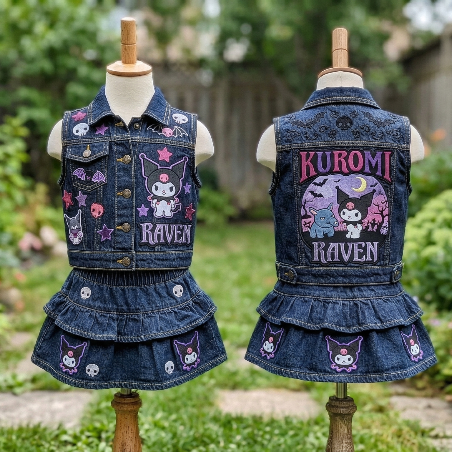 Personalized Custom Name Hello Kitty Kuromi Denim Vest & Skirt Set Birthday Party Cake Smash Gift