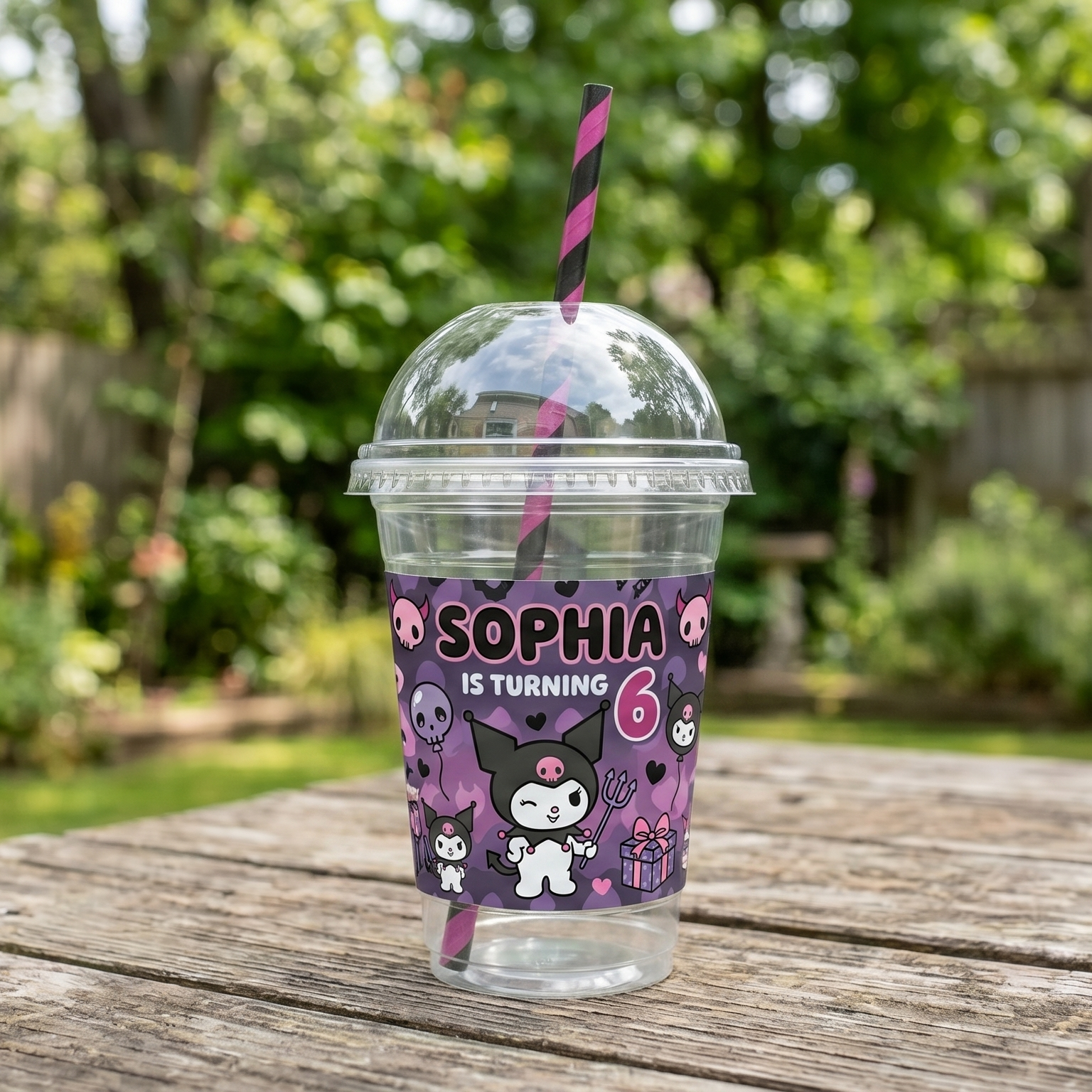 (Pack of 6) Hello Kitty Kuromi Custom Personalized Birthday Party 16 oz Cups with Dome Lids & Straws