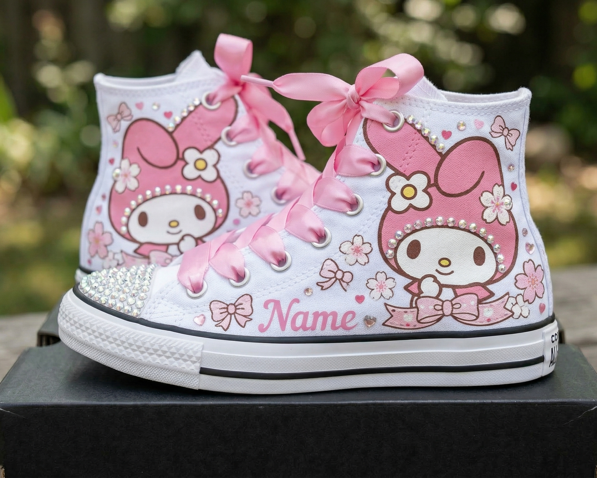 Custom Hello Kitty My Melody High-Top Sneakers Shoes Personalized with Name, Ribbon Laces & Rhinestones Birthday Parties Everyday Gift